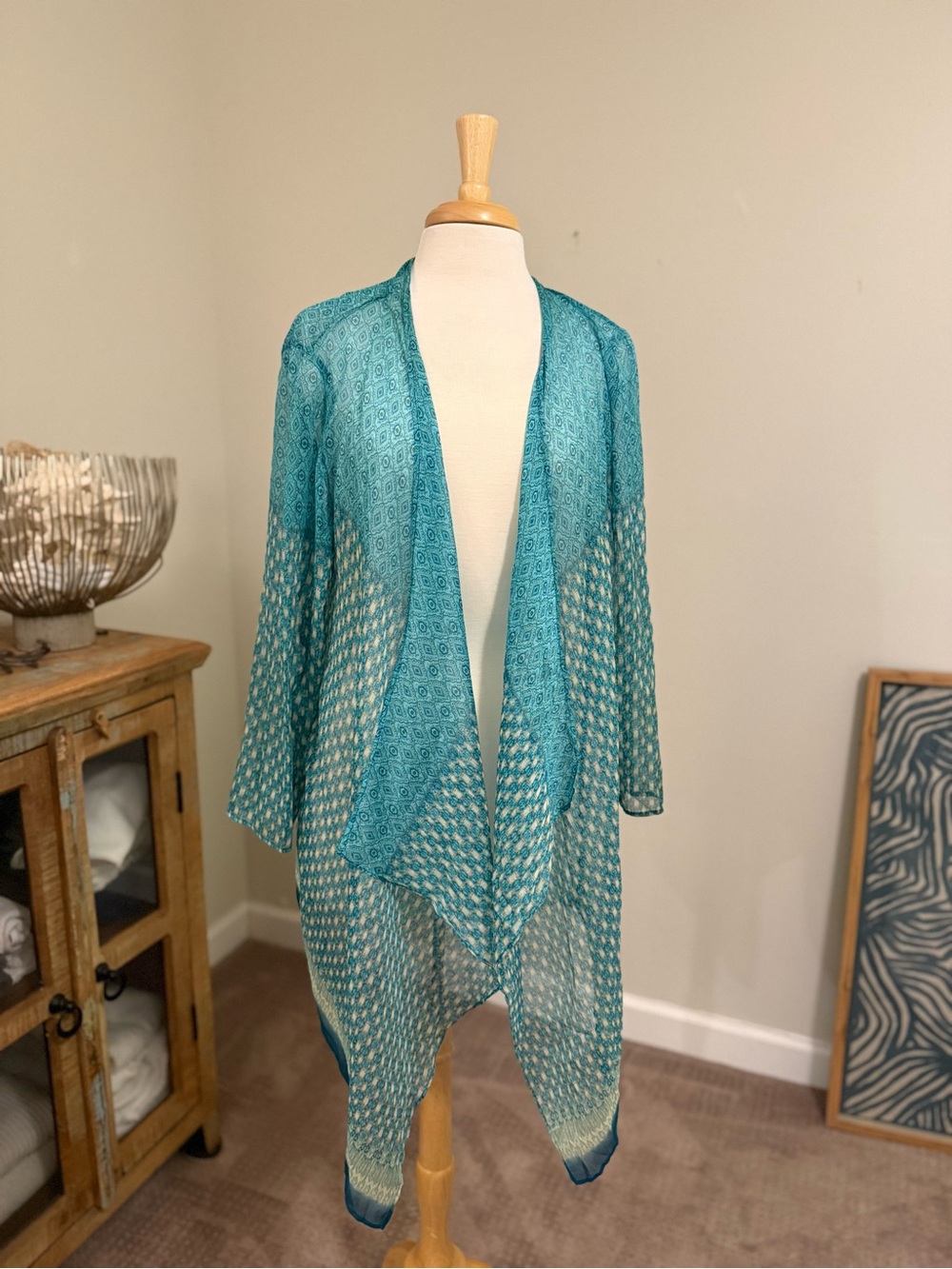 Krazy Kat XL Teal Boho Sheer Draped Kimono Cardigan Geometric Print